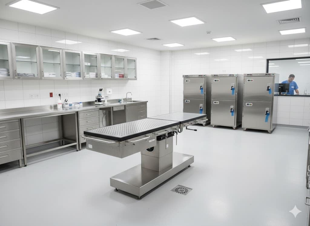 Hastane ve adli tıp için morg ekipmanları: otopsi masası, diseksiyon masası, gasil masası, morg ünitesi ve paslanmaz çözümler. Kurumsal teklif, garanti, hızlı teslimat.