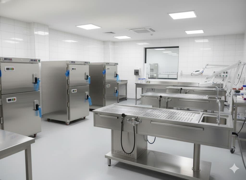 Hastane ve adli tıp için morg ekipmanları: otopsi masası, diseksiyon masası, gasil masası, morg ünitesi ve paslanmaz çözümler. Kurumsal teklif, garanti, hızlı teslimat.