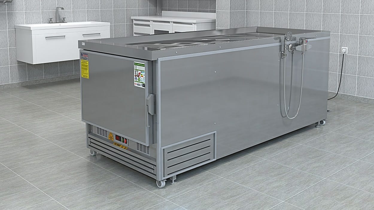 YS MORG 009 R-XLİNE STEEL – Baştan Yüklemeli Yıkamalı Morg Ünitesi YS MORG 009 R-XLİNE STEEL, morg ve gasilhane projeleri için tasarlanmış, baştan yüklemeli ve cenaze yıkamalı profesyonel morg ünitesidir. 240 cm uzunluk, 92 cm yükseklik ve 88 cm genişlik ölçüleriyle hem geniş çalışma alanı sunar hem de çoğu morg odasına kolaylıkla yerleşir.