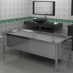 1) Su masanın üzerinde birikir mi? Hayır. Üst tablaya verilen 5 cm su yolu ve sifona yönlendirilmiş akış sayesinde su kontrollü şekilde drenaja gider. 2) Batarya montajı için delik var mı? Evet. Sıcak/soğuk su bataryası için delikler hazırdır. 3) Zemin eğriyse masa sallanır mı? Rotil ayaklar yükseklik ayarlı olduğu için zemine göre ayarlanabilir ve stabil kullanım sağlar. 4) Ölçüler nedir? 217 cm uzunluk, 93 cm genişlik, 85 cm yükseklik.