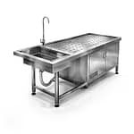 Paslanmaz çelik evyeli otopsi/diseksiyon masası. Delikli drenaj tabla, sıvı tahliye sistemi ve alt dolap. Kurulum, garanti, profesyonel teslimat.