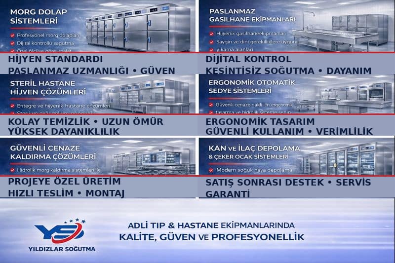 Yıldızlar Soğutma; morg sistemleri, otopsi masaları, gasil–teneșir masaları ve paslanmaz ekipmanlarda hijyenik, dayanıklı ve kurumsal çözümler sunar.