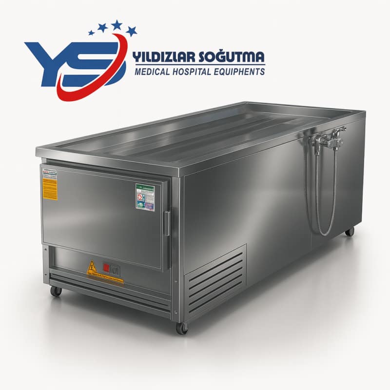 YS MORG 009 R-XLİNE STEEL, morg ve gasilhane projeleri için tasarlanmış, baştan yüklemeli ve cenaze yıkamalı profesyonel morg ünitesidir. 240 cm uzunluk, 92 cm yükseklik ve 88 cm genişlik ölçüleriyle hem geniş çalışma alanı sunar hem de çoğu morg odasına kolaylıkla yerleşir.