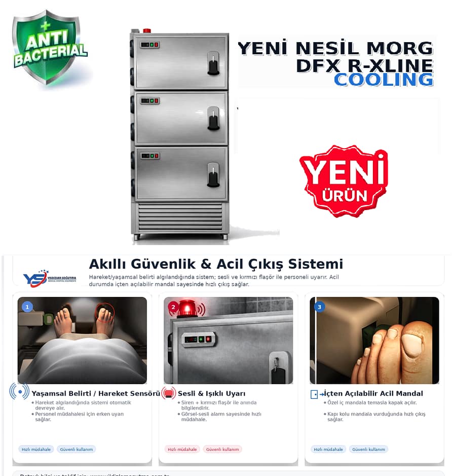 3 üniteli morg ünitesi için ölçü, teknik şartname ve kurulum desteği. Modüler tasarım, paslanmaz 304 ve sessiz soğutma seçenekleriyle projeye özel üretim.